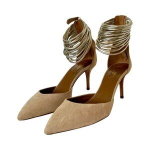 AQUAZZURA Beige Suede HELLO LOVER 75 Metallic Ankle Strap Pumps 38